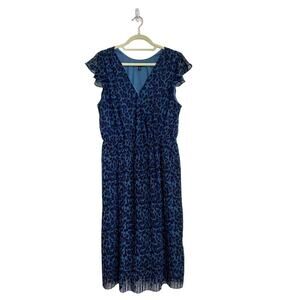 Banana Republic Blue Leopard Print Pleated Midi Dress Sz M